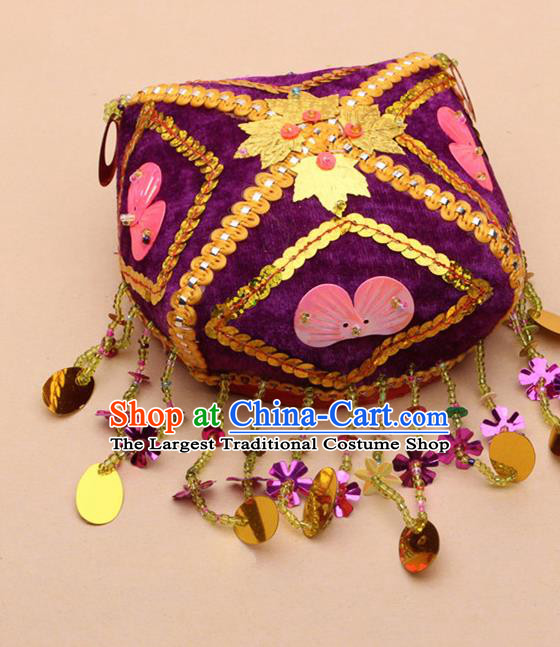 Chinese Traditional Uyghur Minority Embroidered Paillette Purple Hat Ethnic Nationality Folk Dance Stage Show Headwear for Women