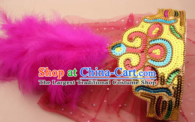 Handmade Chinese Traditional Uyghur Minority Rosy Feather Hat Ethnic Nationality Folk Dance Headwear for Women