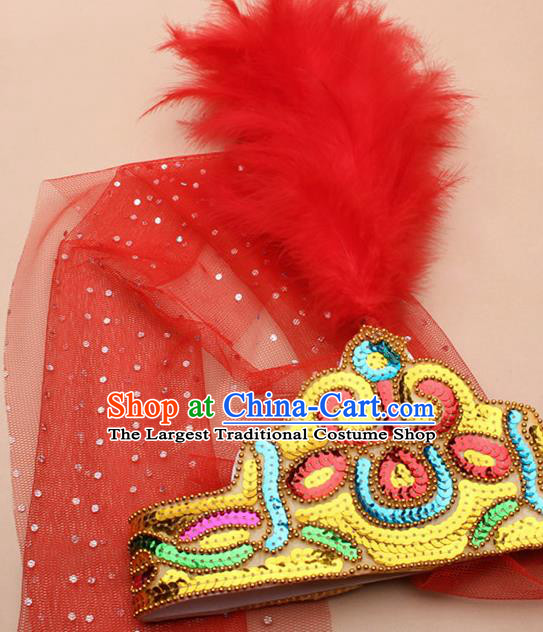 Handmade Chinese Traditional Uyghur Minority Red Feather Hat Ethnic Nationality Folk Dance Headwear for Women