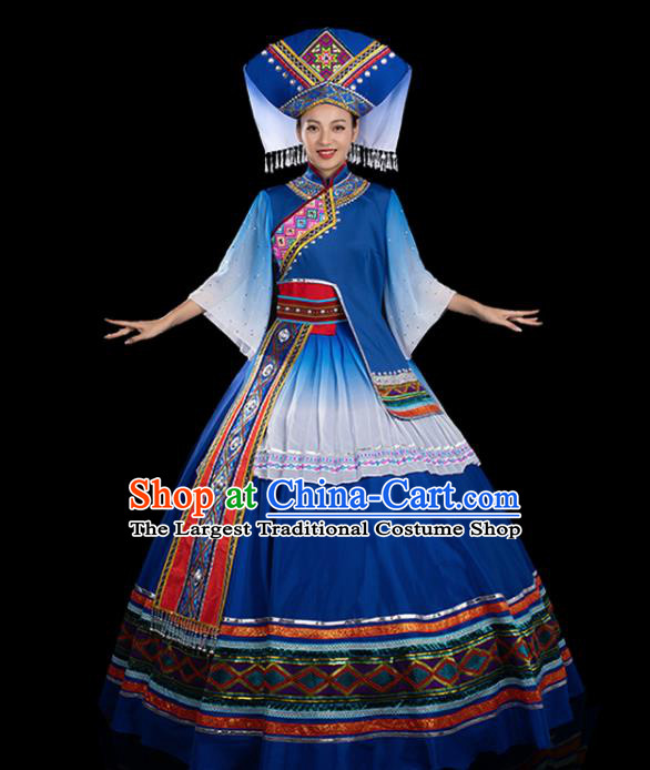 Traditional Chinese Zhuang Nationality Stage Show Navy Dress Ethnic Festival Folk Dance Costume for Women