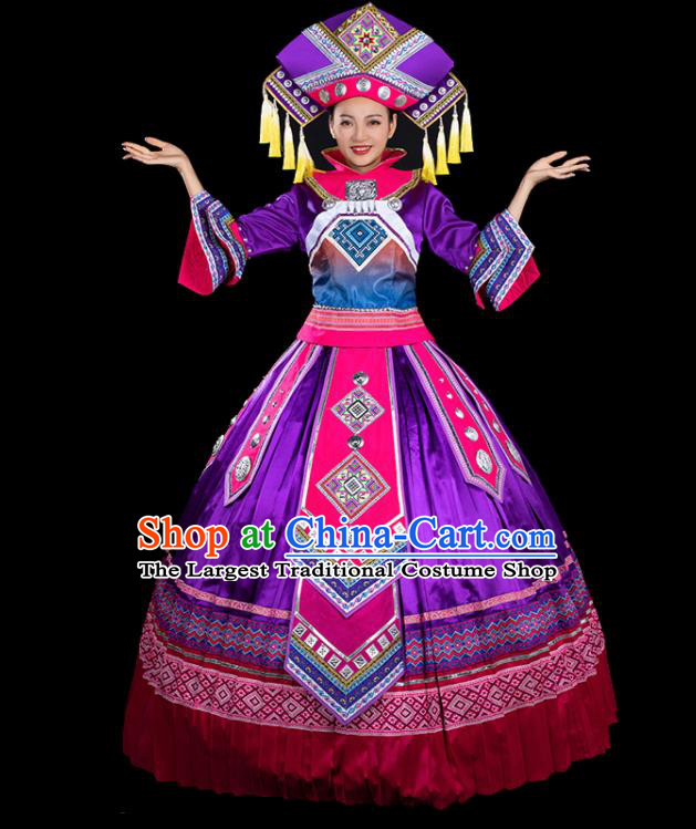 Chinese Traditional Zhuang Nationality Mandarin Sleeve Purple Dress Ethnic Folk Dance Stage Show Liu Sanjie Costume for Women