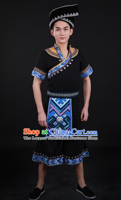 Chinese Traditional Zhuang Nationality Festival Black Outfits Ethnic Minority Folk Dance Stage Show Costume for Men