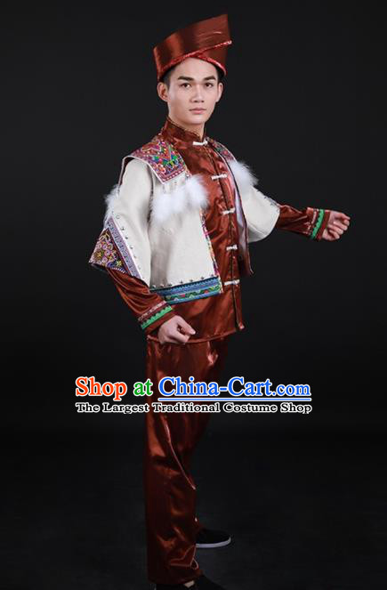 Chinese Traditional Miao Nationality Festival Brown Outfits Ethnic Minority Folk Dance Stage Show Costume for Men