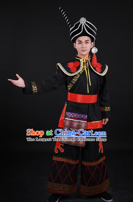 Chinese Traditional Yi Nationality Festival Black Outfits Ethnic Minority Folk Dance Stage Show Costume for Men