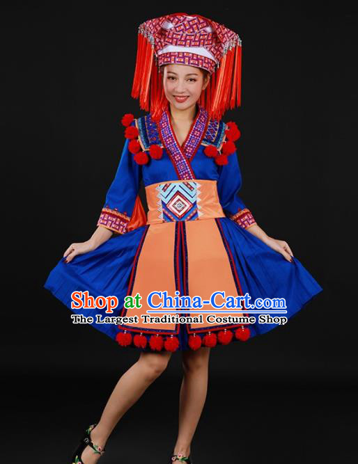 Chinese Traditional Yao Nationality Blue Short Dress Ethnic Minority Folk Dance Stage Show Costume for Women