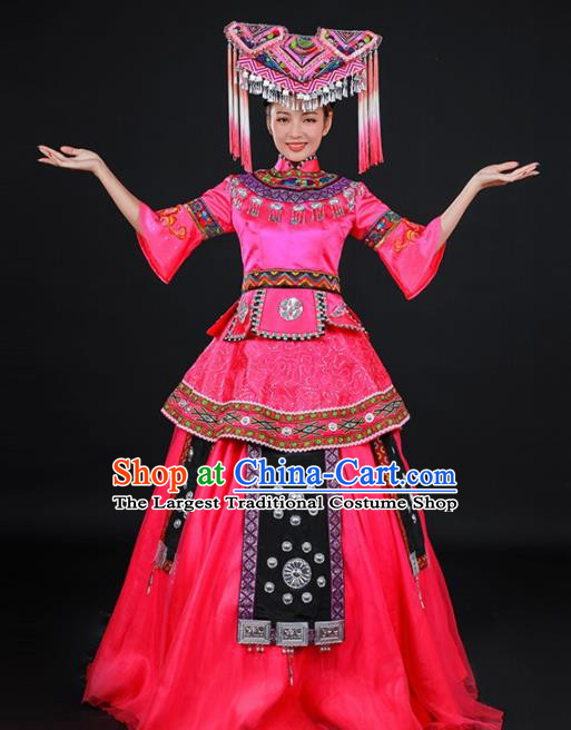 Chinese Traditional Zhuang Nationality Stage Show Embroidered Rosy Dress Ethnic Minority Folk Dance Costume for Women