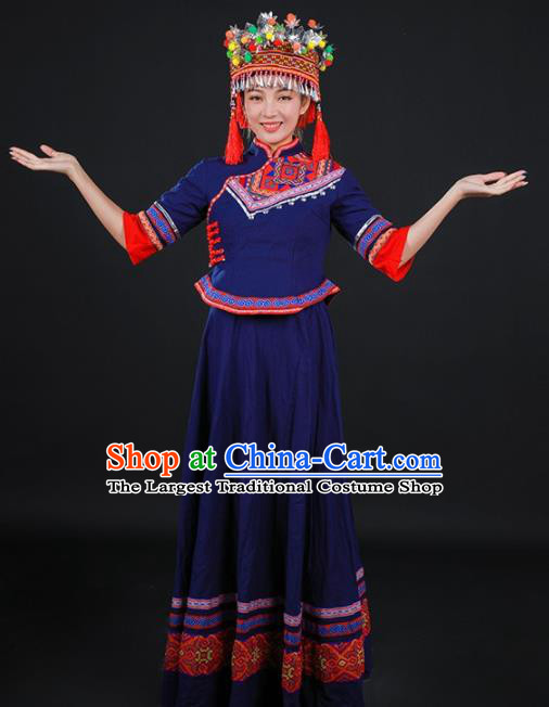 Chinese Traditional Miao Nationality Stage Show Navy Dress Ethnic Minority Folk Dance Costume for Women