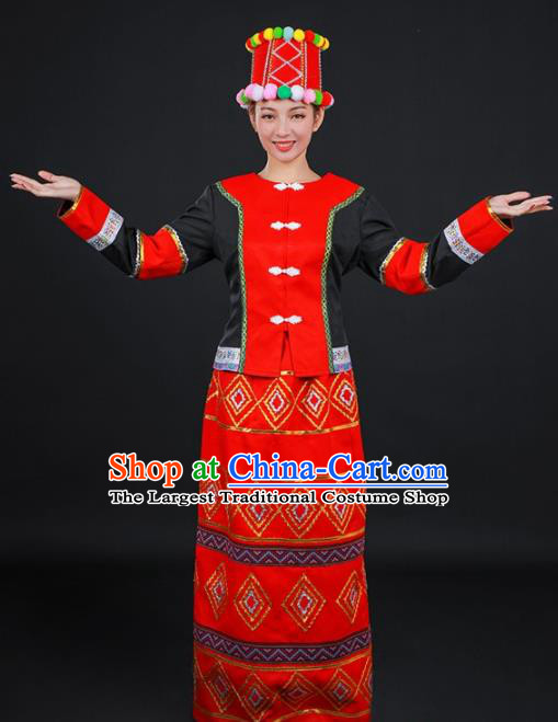 Chinese Traditional Jingpo Nationality Stage Show Red Dress Ethnic Minority Folk Dance Costume for Women