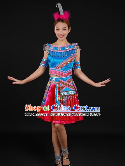 Chinese Traditional Miao Nationality Blue Blouse and Rosy Skirt Ethnic Minority Folk Dance Stage Show Costume for Women