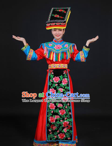 Chinese Traditional Qiang Nationality Stage Show Red Dress Ethnic Minority Folk Dance Costume for Women