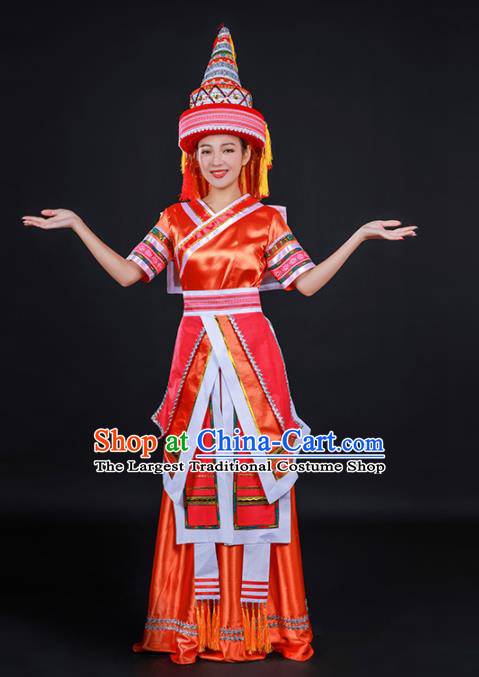 Chinese Traditional Yao Nationality Stage Show Orange Dress Ethnic Minority Folk Dance Costume for Women