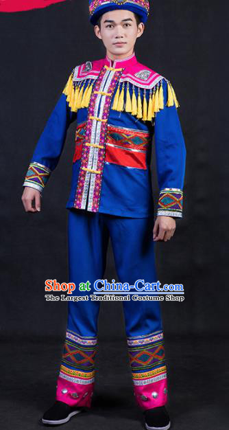 Chinese Traditional Zhuang Nationality Festival Compere Royalblue Outfits Ethnic Minority Folk Dance Stage Show Costume for Men