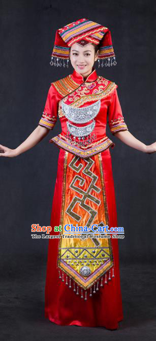 Chinese Traditional Zhuang Nationality Stage Show Red Dress Ethnic Minority Folk Dance Costume for Women