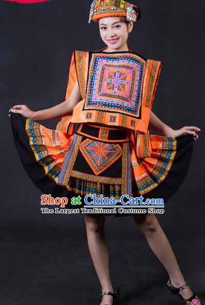 Chinese Traditional Yao Nationality Stage Show Orange Short Dress Ethnic Minority Folk Dance Costume for Women