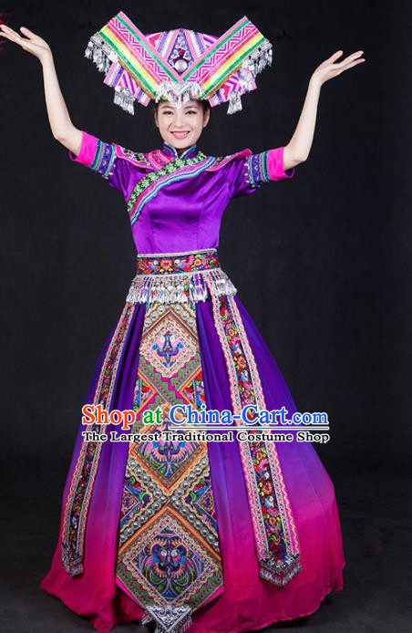 Chinese Traditional Zhuang Nationality Stage Show Purple Dress Ethnic Minority Folk Dance Costume for Women