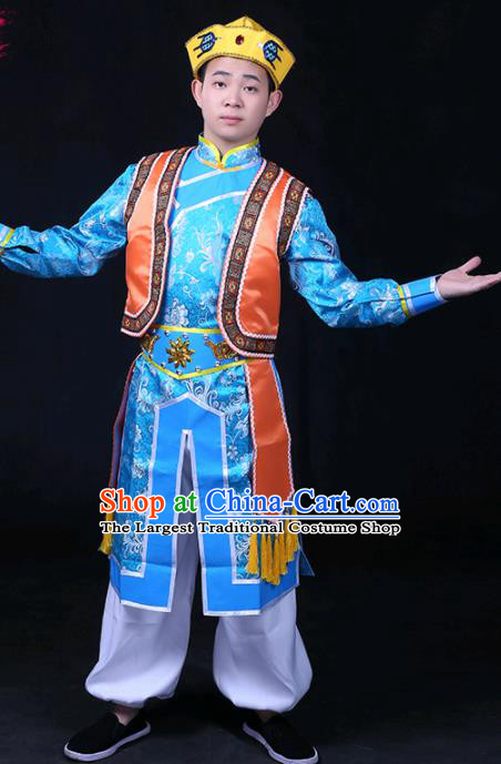 Chinese Traditional Xibe Nationality Festival Compere Blue Outfits Ethnic Minority Folk Dance Stage Show Costume for Men