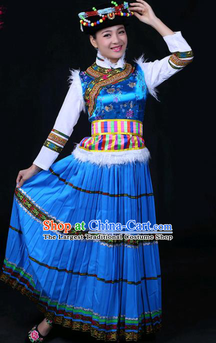 Chinese Traditional Pumi Nationality Stage Show Blue Long Dress Ethnic Minority Folk Dance Costume for Women