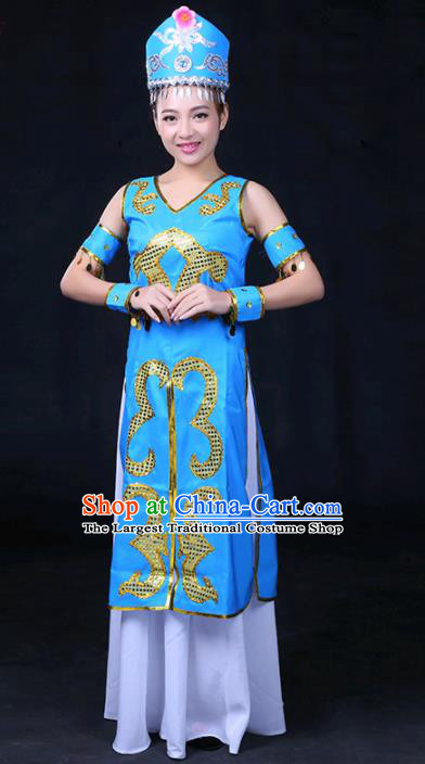 Chinese Traditional Xibe Nationality Stage Show Blue Dress Ethnic Minority Folk Dance Costume for Women