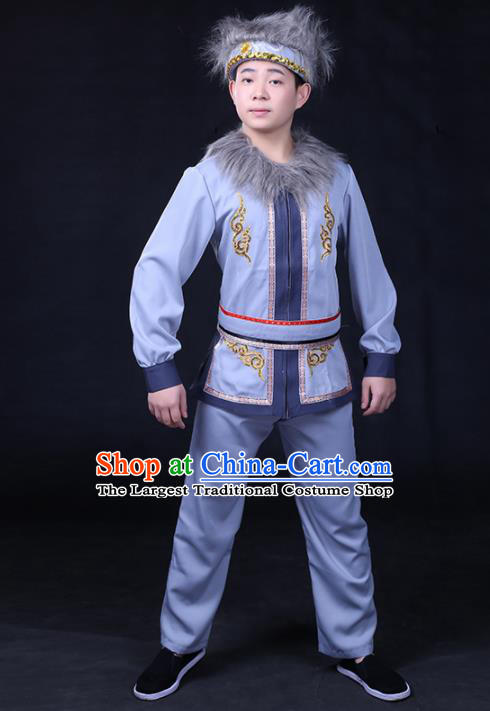 Chinese Traditional Hezhen Nationality Compere Blue Outfits Ethnic Minority Folk Dance Stage Show Festival Costume for Men