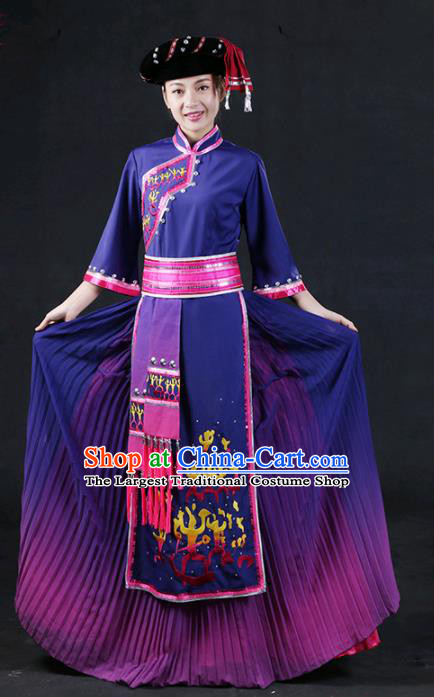 Chinese Traditional Zhuang Nationality Stage Show Purple Dress Ethnic Minority Folk Dance Costume for Women