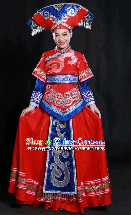 Chinese Traditional Guangxi Zhuang Nationality Red Dress Ethnic Minority Folk Dance Stage Show Costume for Women