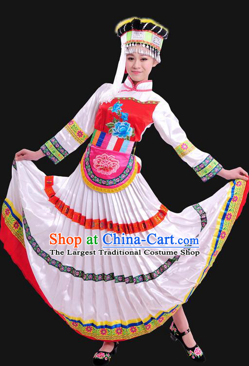 Chinese Traditional Yunnan Lisu Nationality White Dress Ethnic Minority Folk Dance Stage Show Costume for Women