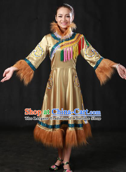 Chinese Traditional Oroqen Nationality Ginger Dress Ethnic Minority Folk Dance Stage Show Costume for Women