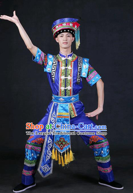 Chinese Traditional Zhuang Nationality Royalblue Outfits Ethnic Minority Folk Dance Stage Show Compere Festival Costume for Men