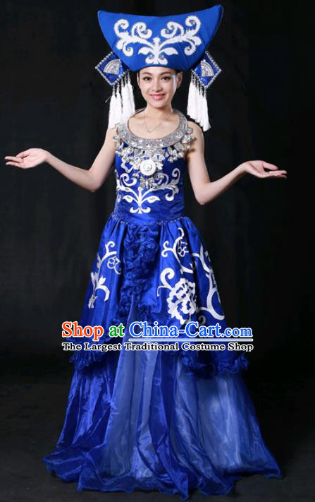 Chinese Traditional Guangxi Zhuang Nationality Stage Show Royalblue Long Dress Ethnic Minority Folk Dance Costume for Women