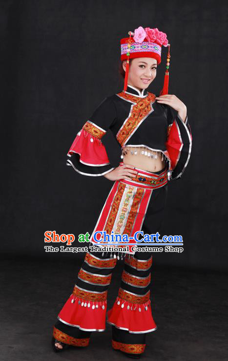 Chinese Traditional Mulao Nationality Black Outfits Ethnic Minority Folk Dance Stage Show Costume for Women