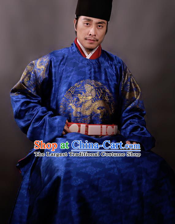 Chinese Ming Dynasty Royal King Embroidered Royalblue Imperial Robe Ancient Emperor Costumes for Men