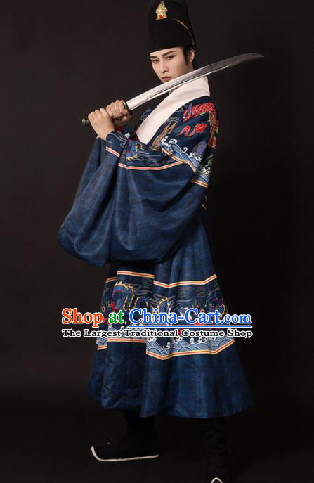 Chinese Traditional Ming Dynasty Swordsman Navy Embroidered Robe Ancient Imperial Bodyguard Costumes for Men