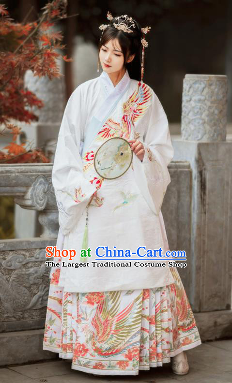 Chinese Traditional Ming Dynasty Nobility Lady Embroidered Phoenix White Coat and Skirt Ancient Royal Princess Costumes for Women