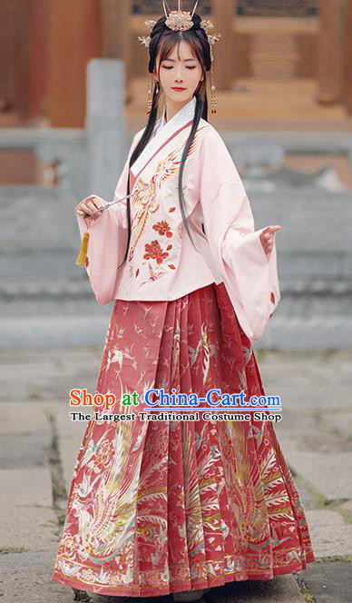 Chinese Traditional Royal Pink Brocade Blouse and Red Skirt Ancient Ming Dynasty Nobility Lady Costumes for Women