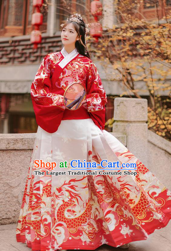 Chinese Traditional Wedding Hanfu Red Brocade Blouse and White Skirt Ancient Ming Dynasty Royal Princess Costumes for Women