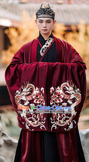 Chinese Traditional Jin Dynasty Scholar Red Cape Ancient Royal Prince Costumes for Men