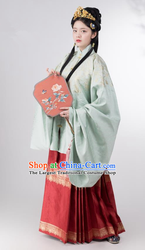 Traditional Chinese Ming Dynasty Royal Infanta Green Brocade Blouse and Skirt Ancient Nobility Lady Historical Costumes for Women