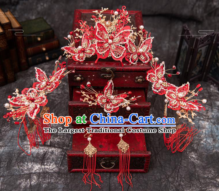 Traditional Chinese Handmade Wedding Red Butterfly Hairpins Phoenix Coronet Ancient Bride Hair Accessories for Women
