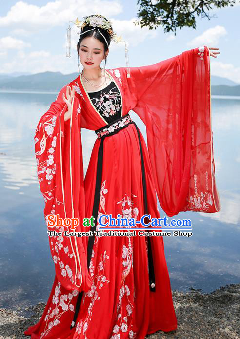 Chinese Tang Dynasty Princess Wedding Red Embroidered Dress Traditional Ancient Goddess Costumes for Women