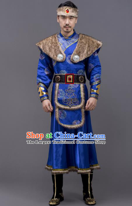 Chinese Traditional Mongol Nationality Stage Show Royalblue Garment Ethnic Folk Dance Costume for Men