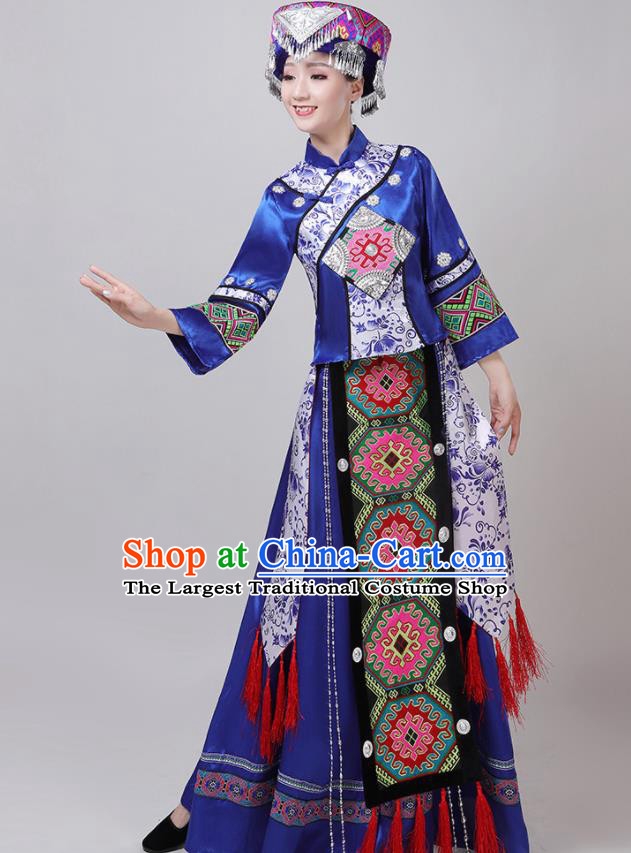 Chinese Traditional Tujia Nationality Royalblue Dress Yi Ethnic Folk Dance Costume for Women