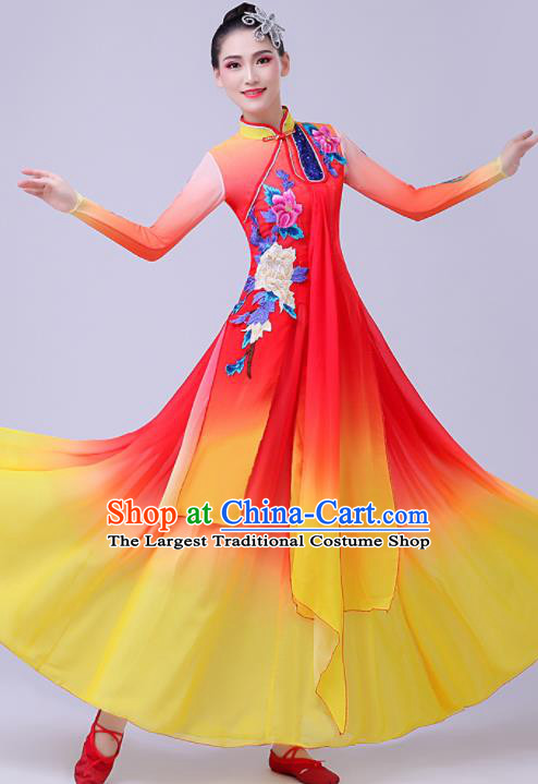 Chinese Traditional Umbrella Dance Fan Dance Red Dress Classical Dance Stage Performance Costume for Women