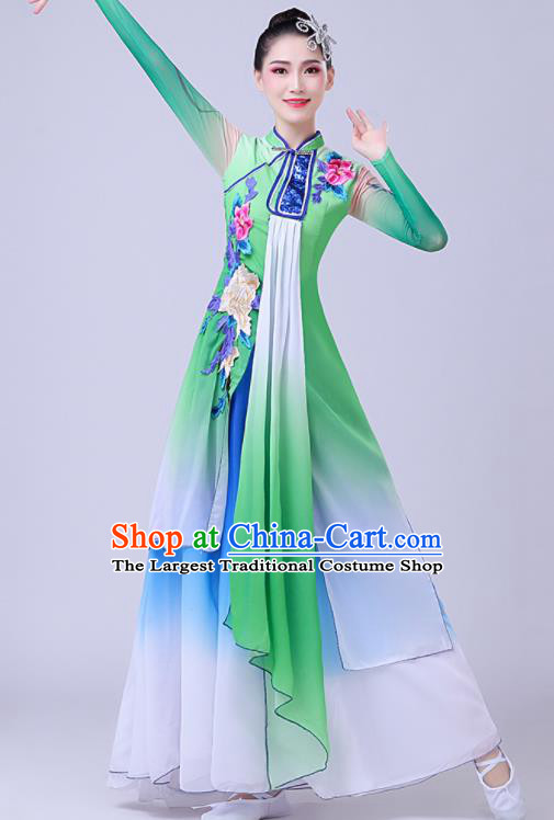 Chinese Traditional Umbrella Dance Fan Dance Green Dress Classical Dance Stage Performance Costume for Women