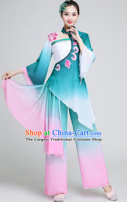 Chinese Traditional Classical Dance Fan Dance Green Outfits Umbrella Dance Stage Performance Costume for Women