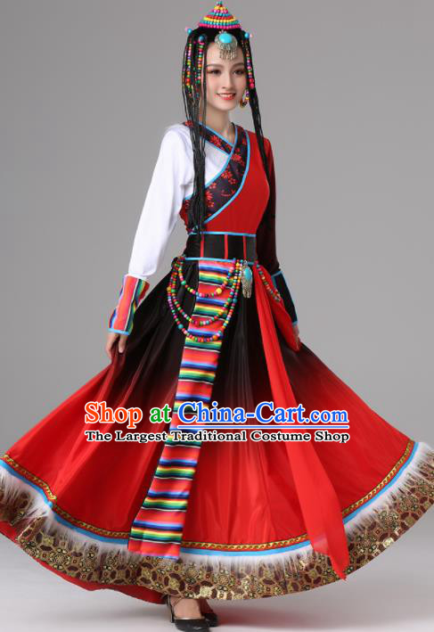 Chinese Traditional Zang Nationality Red Dress Tibetan Ethnic Folk Dance Costume for Women