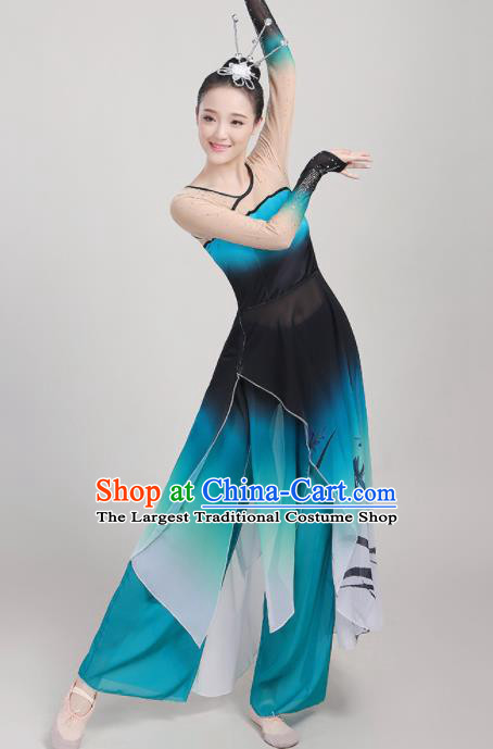 Chinese Traditional Yangko Dance Fan Dance Blue Outfits Folk Dance Stage Performance Costume for Women