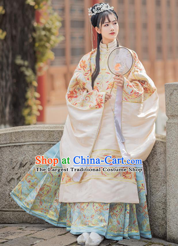 Chinese Traditional Apricot Brocade Blouse and Skirt Ancient Ming Dynasty Princess Costumes for Women