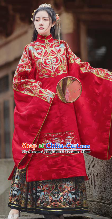 Chinese Traditional Wedding Red Brocade Blouse and Skirt Ancient Ming Dynasty Princess Costumes for Women