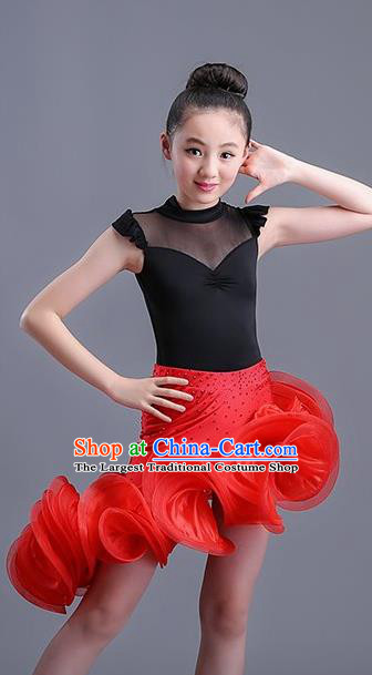 Top Professional Latin Dance Red Dress Modern Dance Stage Performance Costume for Kids