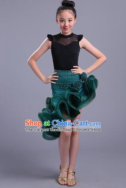 Top Professional Latin Dance Green Dress Modern Dance Stage Performance Costume for Kids
